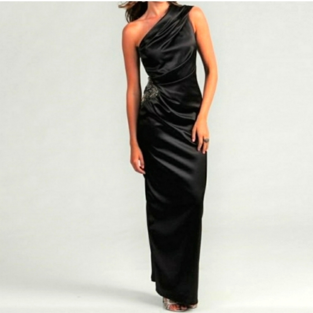 Eliza J one shoulder satin embellished waist gown black 6